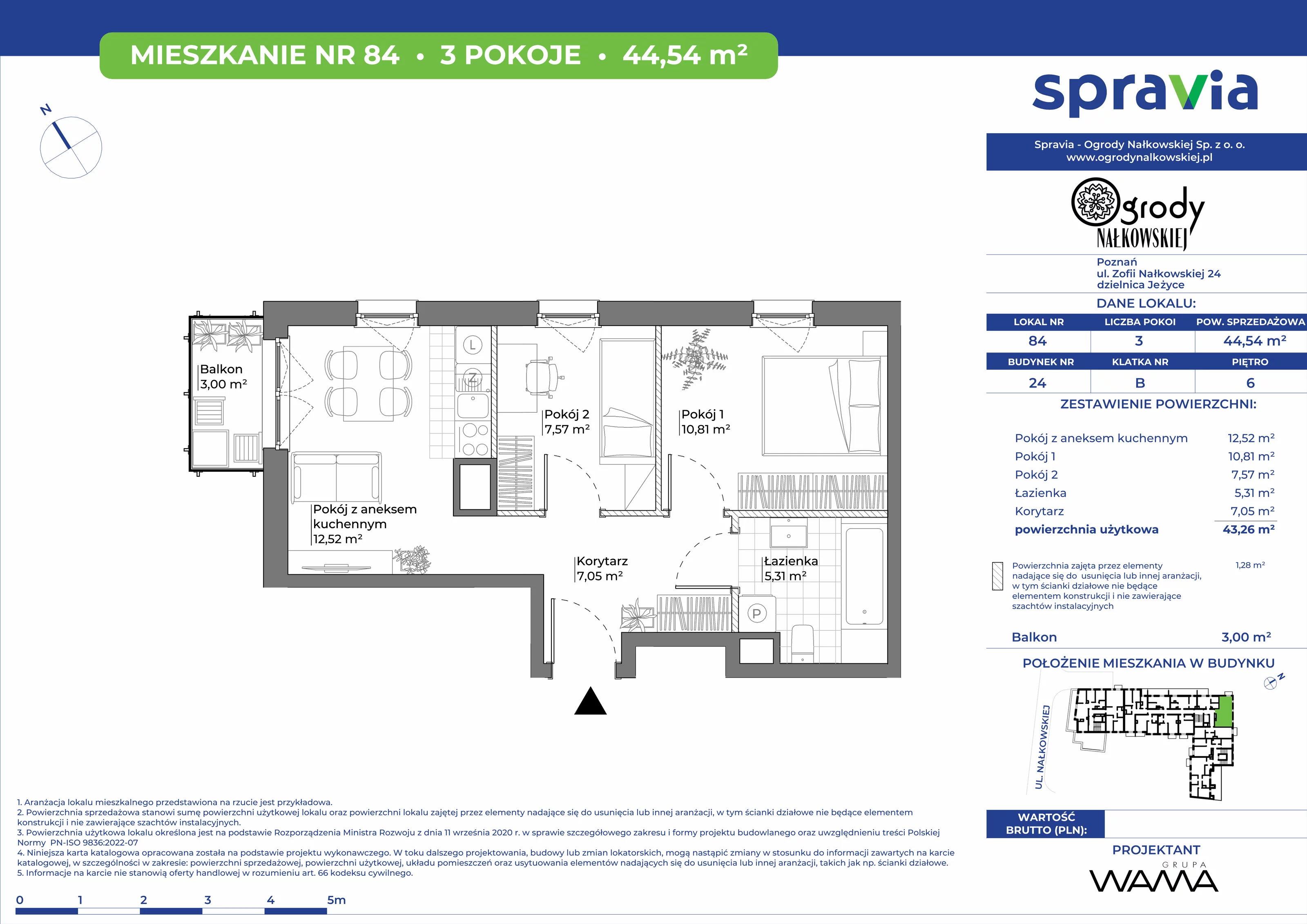 3 pokoje, mieszkanie 44,54 m², piętro 6, oferta nr 24-84, Ogrody Nałkowskiej, Poznań, Ogrody, ul. Nałkowskiej 24, 26